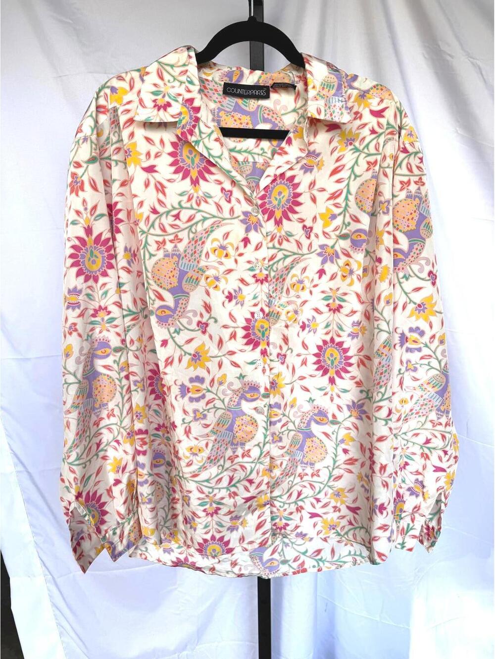 Counterparts Women's Long Sleeve Floral Button-Up Blouse Size 12 Peacock Birds